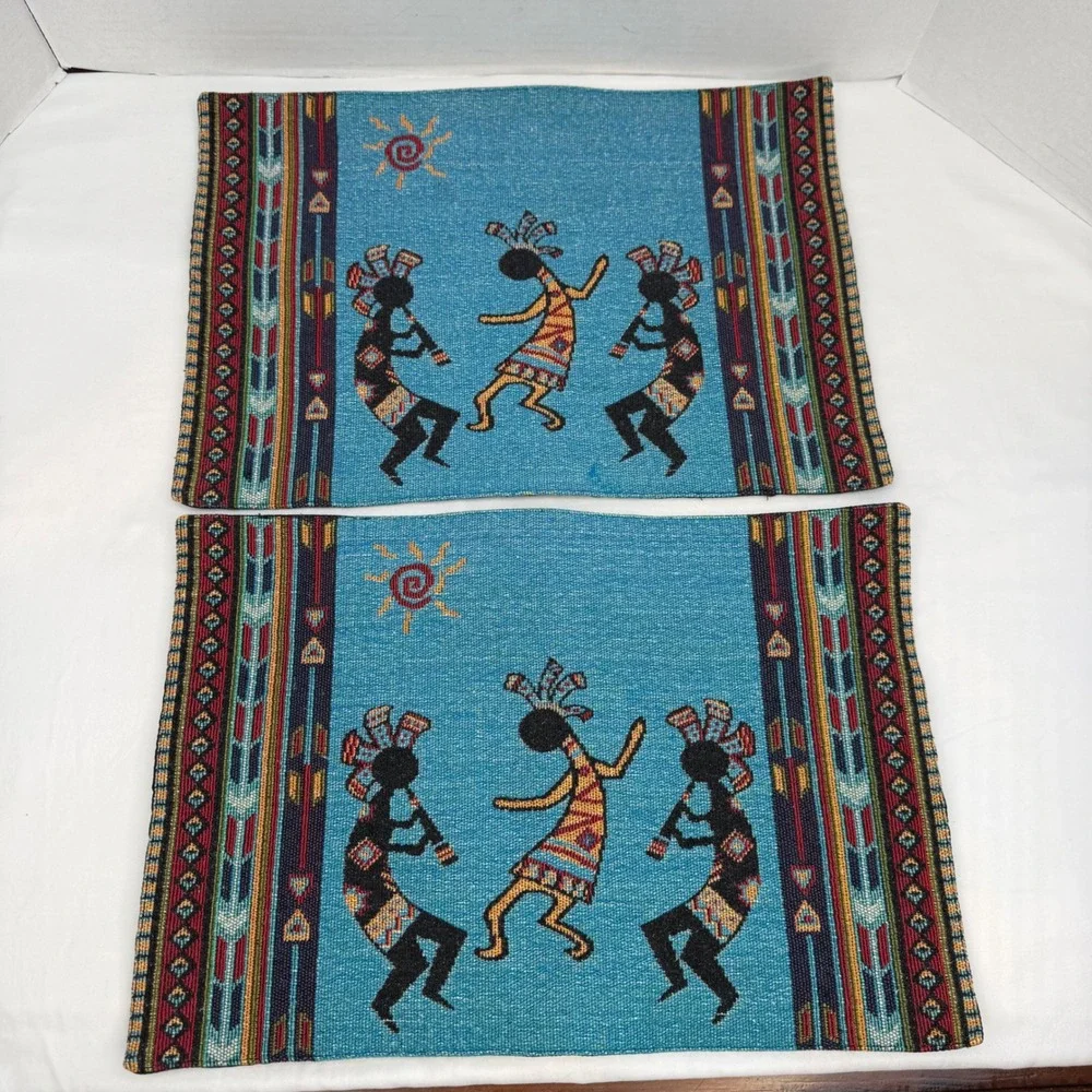 Vintage Southwestern Kokopelli Woven Tapestry Placemats Set of 2 Turquoise Blue